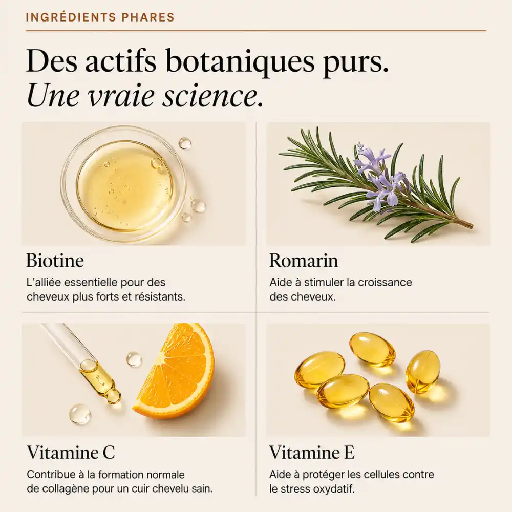 Ingrédients des gummies Kavira : biotine, romarin, vitamines C et E