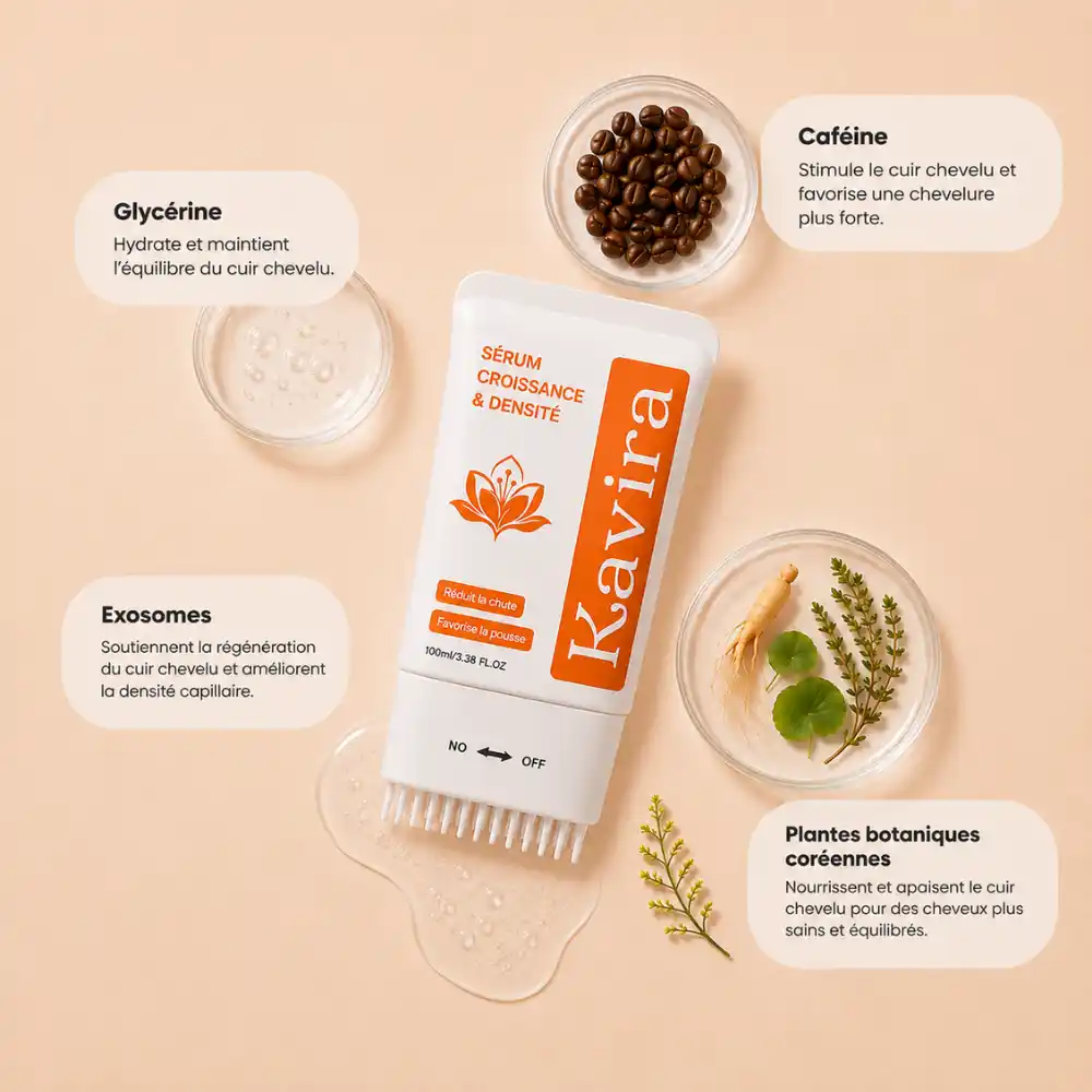 Ingrédients du sérum Kavira — caféine, exosomes, glycérine, plantes botaniques