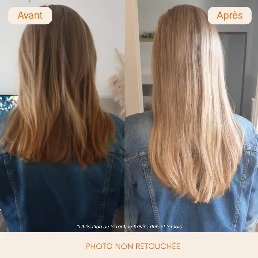 Résultat après 3 mois de routine Kavira — cheveux plus longs et plus denses